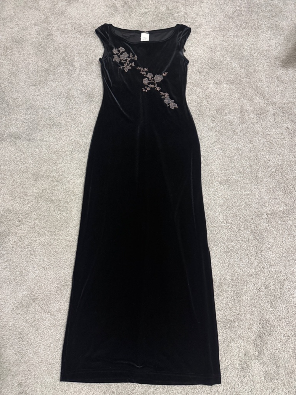 Black Velvet Maxi Dress with Floral Embroidery